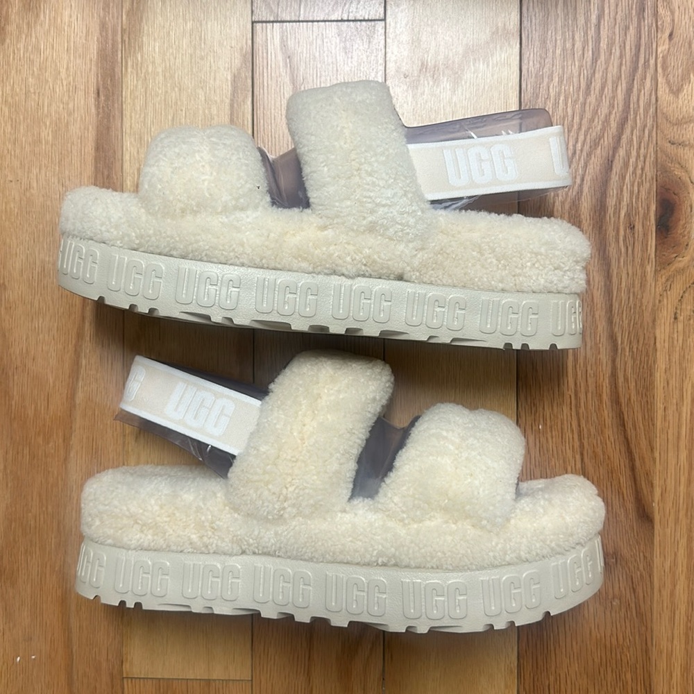 Beige shearling UGG slippers platform with back strap/ band